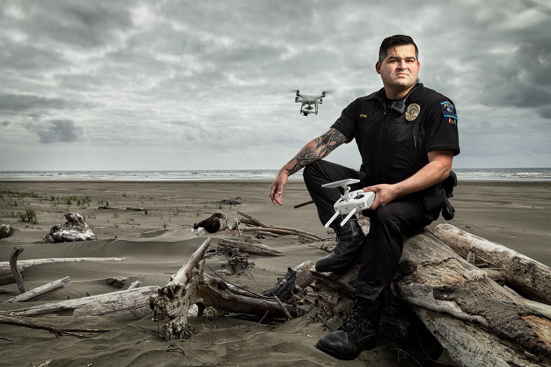 Clint Potter, Magazine Photography, beach police, drone, police news, seattle photographer, rick dahms, environmental portrait, annual report, commercial photographer seattle, headshots seattle